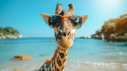 Obraz premium Fashionable Giraffe Wearing Sunglasses on a Breathtaking Tropical Beach
