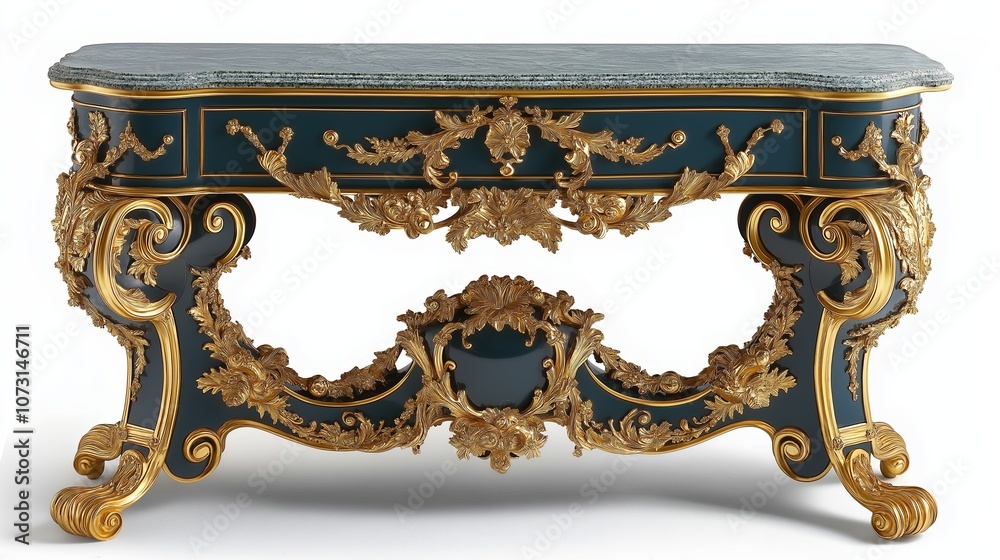 Poster ornate console table with gilded detailing and marble top