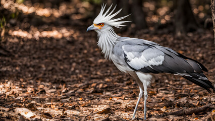 Secretary bird on the forest floor in sunlight, Ai Generated