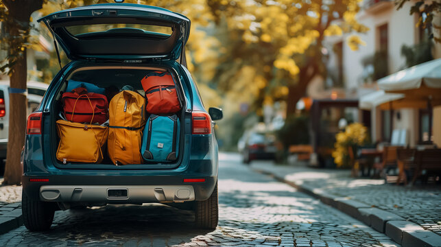 Car Trunk Loaded with Travel Bags Open with City or House Background