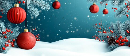 Christmas background with snow, balls and decoration , Photo by AI generative.