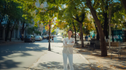 Sunny Day Businesswoman Smiling and Looking at Camera in Urban Setting