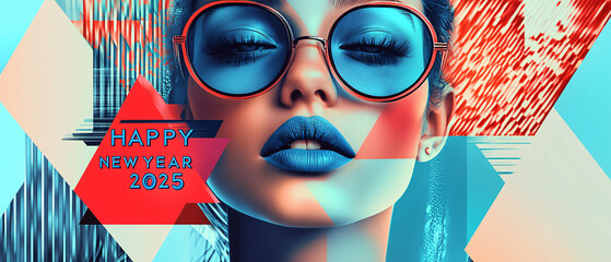 Happy New Year 2025 Woman in Sunglasses and Blue Lipstick