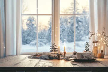 Cozy Winter Windowsill with Candles, Teacup, and Snowy View