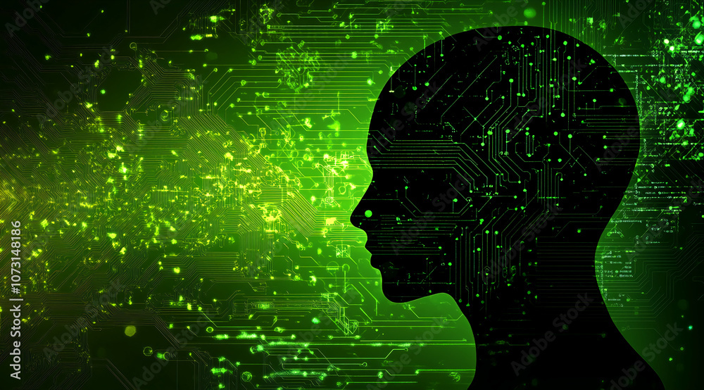 Poster A silhouette of a head with a circuit board pattern over it, set against a green background of glowing dots and lines