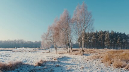 A serene winter landscape featuring frosty tree and a clear blue sky.