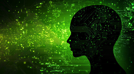 A silhouette of a head with a circuit board pattern over it, set against a green background of glowing dots and lines