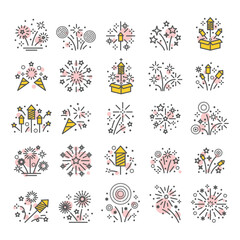 New year firework set icons. Flash rocket, pyrotechnic effects, flat color