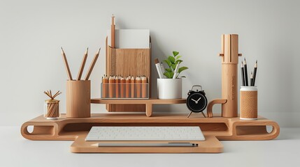 A wooden desk organizer with various office supplies.