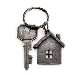 House keys and house shaped keychain isolated on a white background