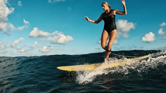 Female surfer rides the wave in the Maldives at sunset and does cross step