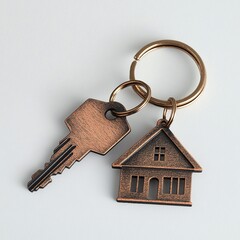 House keys and house shaped keychain isolated on a white background