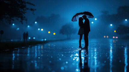 Silhouetted couple kissing under umbrella on rainy street at night