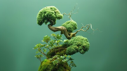 A small bonsai tree with green foliage and a twisted trunk.