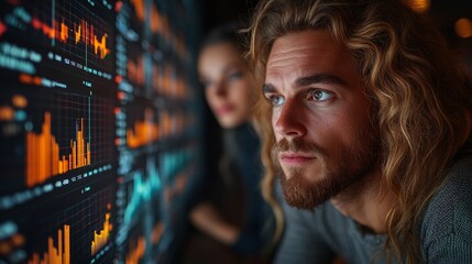 Financial analysis session with team using charts and graphs in a high-tech environment