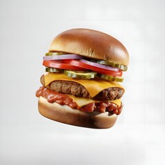 A 3D render of a cartoon burger floating in the air. The cheeseburger has a tomato sauce, a cutlet, cheddar cheese, tomato, fresh onion and pickles. Fast food illustration.