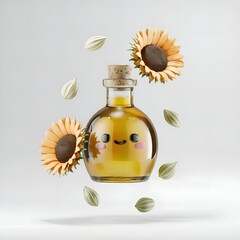 Cute sunflower oil bottle. 3d isolated illustration or icon. Healthy diet. Organic food