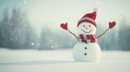 Fototapeta premium Cheerful Snowman in Falling Snow 