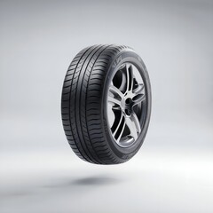 A 3D render of a car tire floating in the air. Isolated illustration on white background 