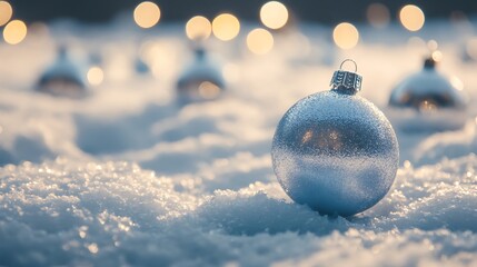 A Single Silver Christmas Ornament Resting in Snow with Blurry Lights in the Background