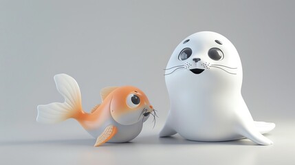 A cartoon seal and fish look at each other on a white background.