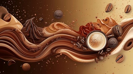 A cup of coffee surrounded by swirling chocolate and coffee beans