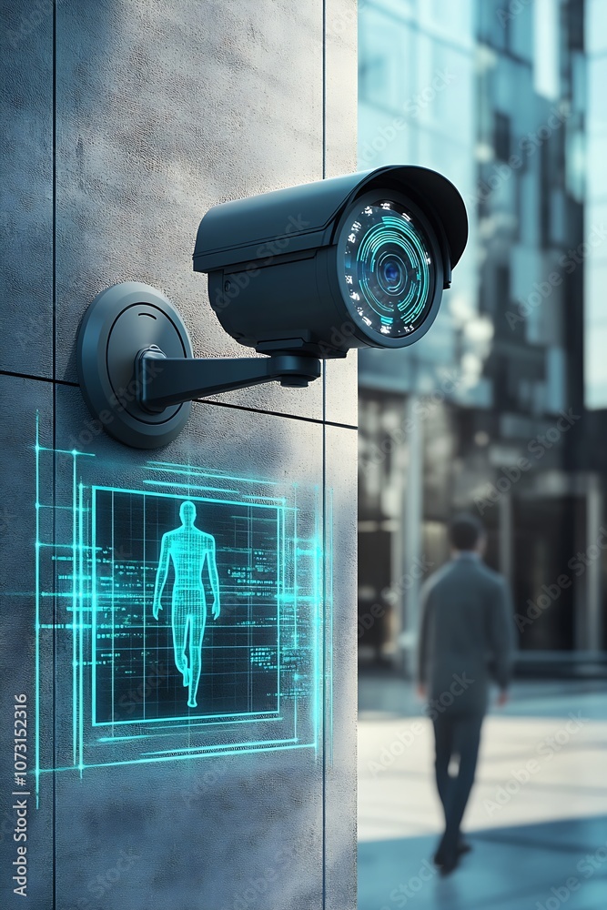 Poster Modern Security Camera with Digital Human Detection Interface in Urban Environment : Generative AI