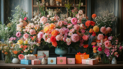 table filled with colorful flowers, gift boxes, Women’s Day