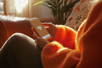 Hands of a woman at home with a mobile phone showing the wifi signal