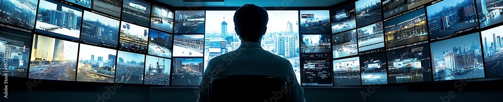 Poster surveillance room with multiple screens showcasing cityscapes and urban monitoring : generative ai