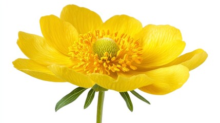 Obraz premium Yellow flower on white background: detailed close-up of vibrant petals and green stem