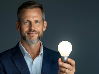 A smiling man in a blazer holds a glowing light bulb, symbolizing ideas and inspiration against a dark background.