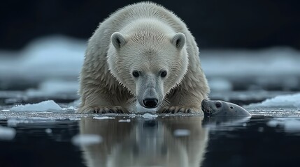 Polar Bear on Ice with Seal Nearby, Polar bear carefully approaching a hole in the ice, where a seal might surface, dramatic Arctic landscape with icy reflections 