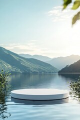 A white circular podium floats on the lake, with a blue sky and green mountains in the background. The water surface reflects the sunlight. .generative ai