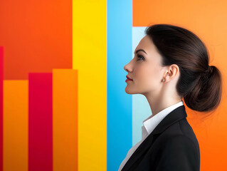 A profile view of a professional woman against a vibrant, multicolored background, symbolizing growth and progress in a business context.