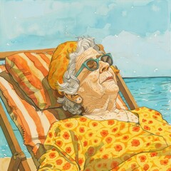 Old woman in bed enjoys summer leisure