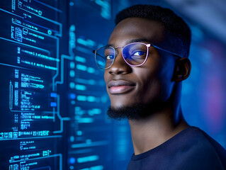 A young man with glasses smiles confidently against a backdrop of glowing code, embodying technology and innovation.