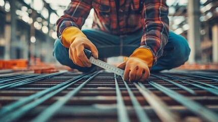 Engineer Using Caliper to Measure Bolt Diameter in Steel Framework for Construction Control