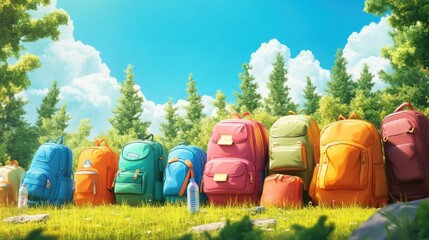 Obraz premium A row of colorful backpacks arranged on a grassy clearing in a forest with a bright blue sky and white clouds in the background.