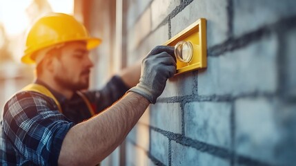 Construction Worker Verifying Structural Alignment with Bubble Level on Wall Framework