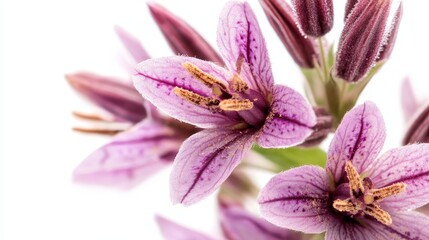 Naklejka premium Close-up of vibrant purple lilies with delicate petals and stamen on a white background