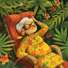 Grandma's lying on a sun lounge children's book style