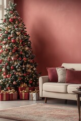 Fototapeta premium Elegant Christmas Tree with Red Ornaments and Gift Boxes in Cozy Living Room Setting : Generative AI