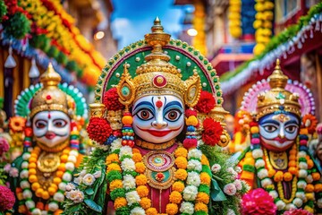 Fototapeta premium Vibrant Celebration of Jagannath Avatar: An Exquisite Display of Colorful Decorations, Traditional Offerings, and Devotional Atmosphere in a Lively Festival Scene