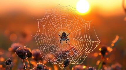 Spider Constructing a Web at Dawn, Close-up of a spider delicately spinning a web, dew-covered strands glistening in early morning light, background blurred for focus 