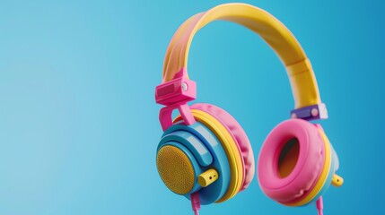 Naklejka premium A pair of colorful headphones on a blue background.