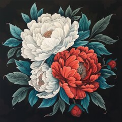 highly detailed gouache painting, White and red peonies with teal leaves, positioned in the middle with a lot of spacing around them, 