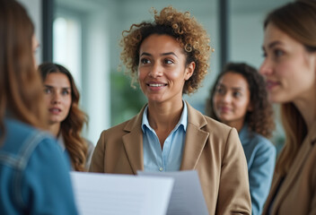 Obraz premium Diverse businesswomen engaging in a collaborative meeting in modern office setting