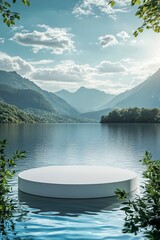 A white circular podium floats on the lake, with a blue sky and green mountains in the background. The water surface reflects the sunlight. .generative ai