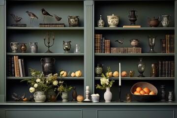 Stylish wall shelves displaying books and decorative items in pale green and blue accents